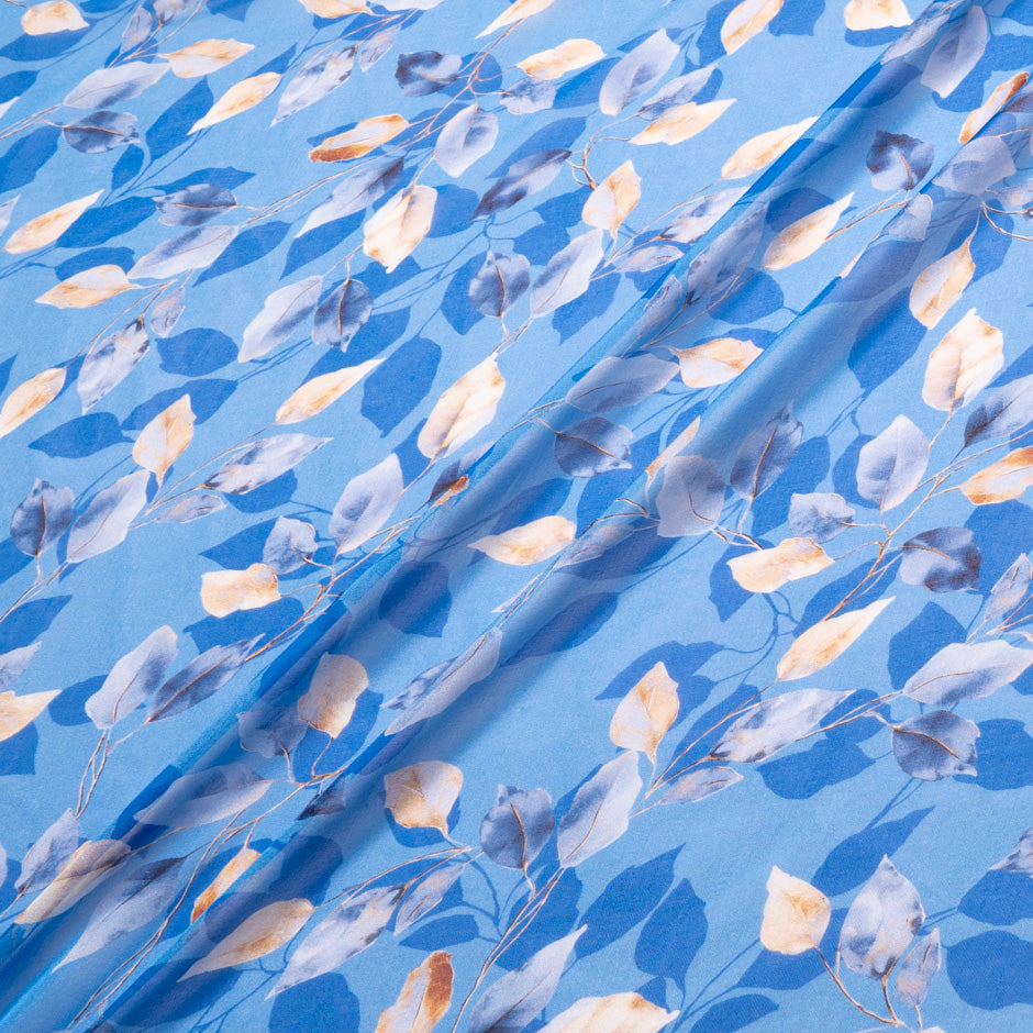 Leaf Printed Blue Silk Chiffon