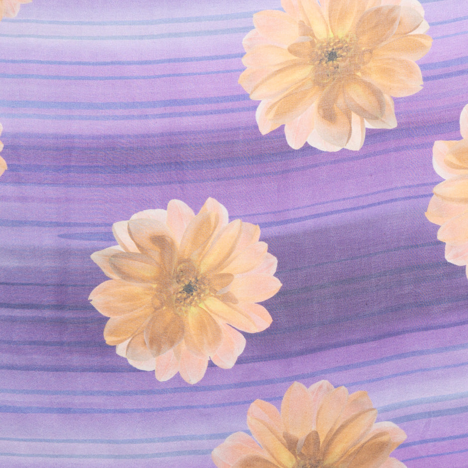 Orange Floral Printed Purple Silk Chiffon