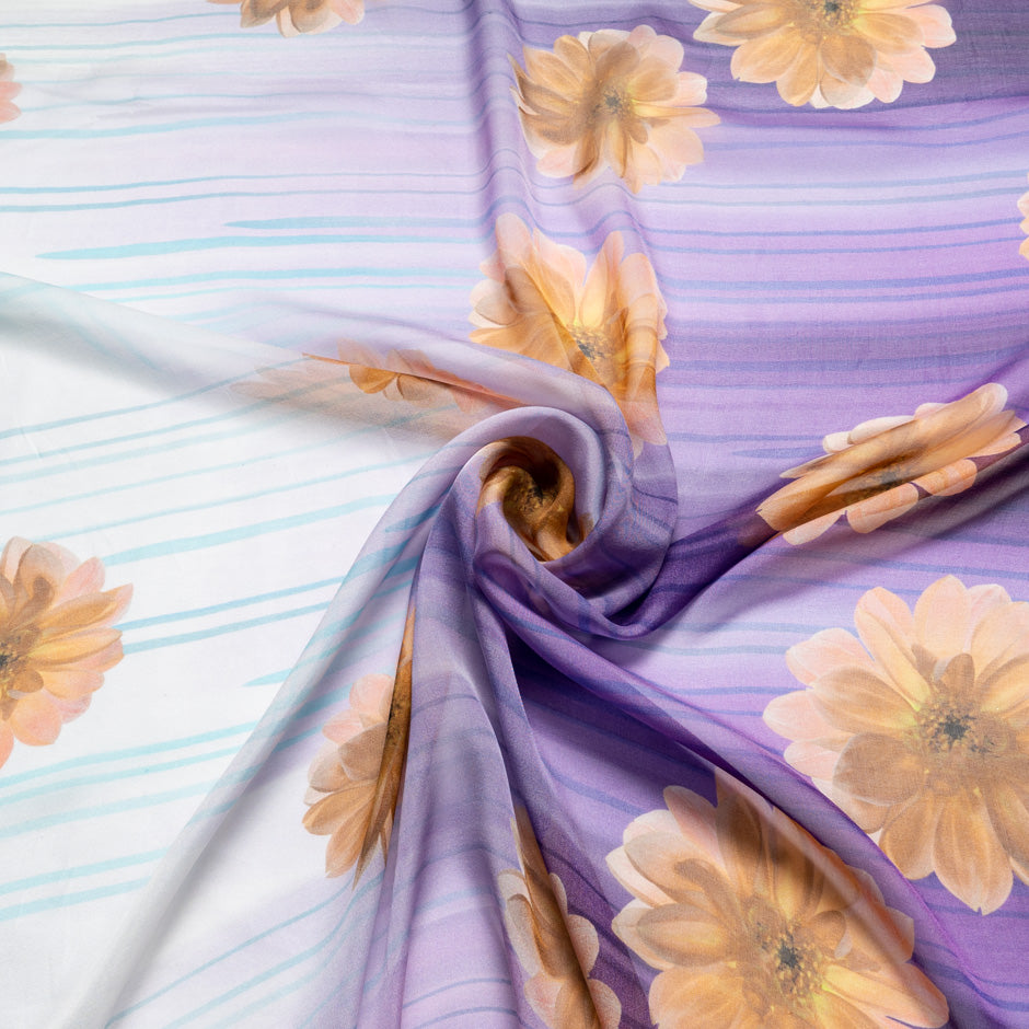 Orange Floral Printed Purple Silk Chiffon