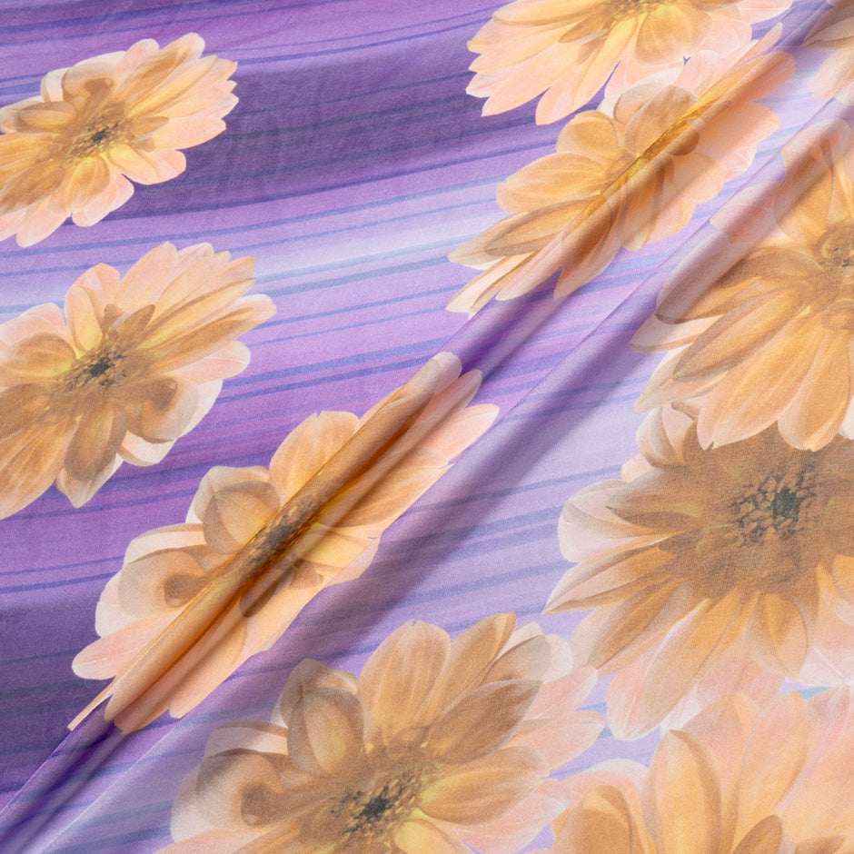 Orange Floral Printed Purple Silk Chiffon