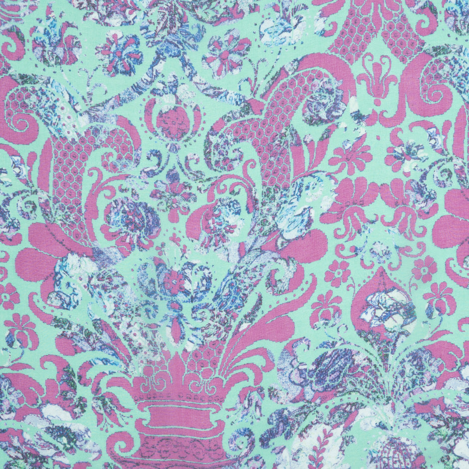 Pink Printed Deep Mint Pure Silk Chiffon