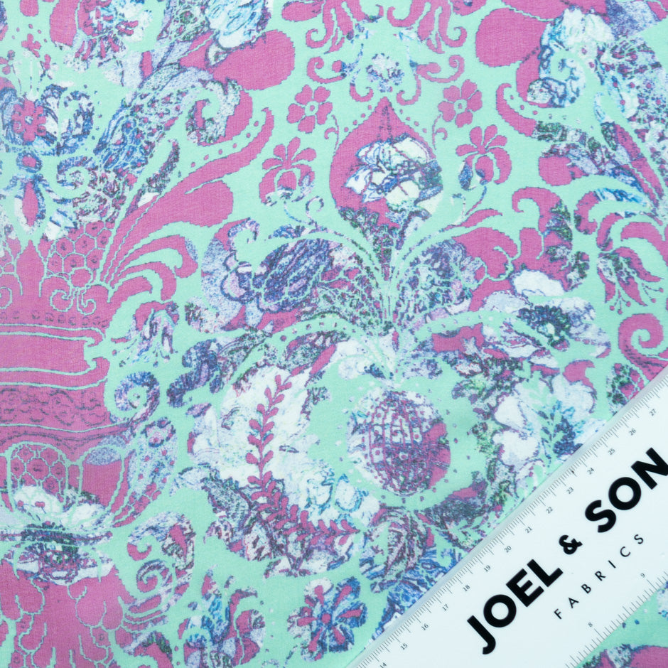 Pink Printed Deep Mint Pure Silk Chiffon