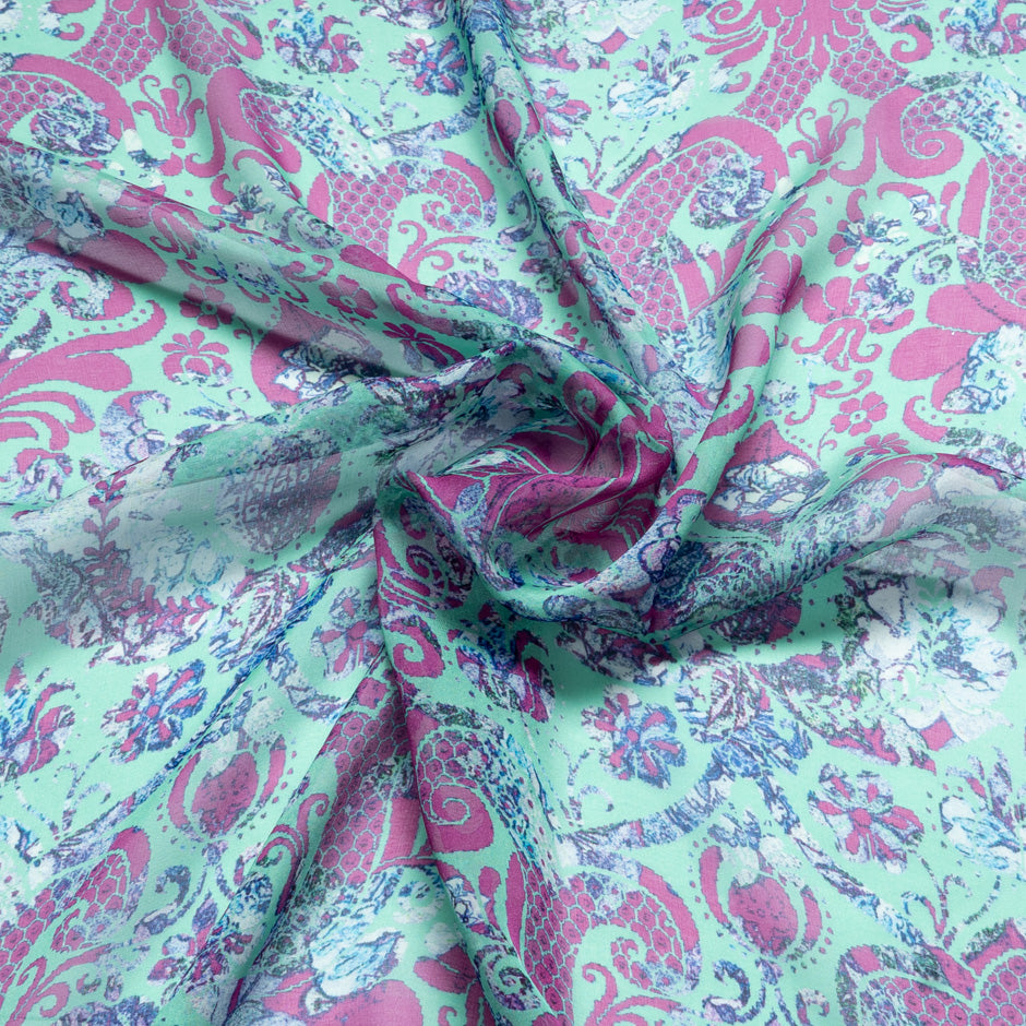 Pink Printed Deep Mint Pure Silk Chiffon