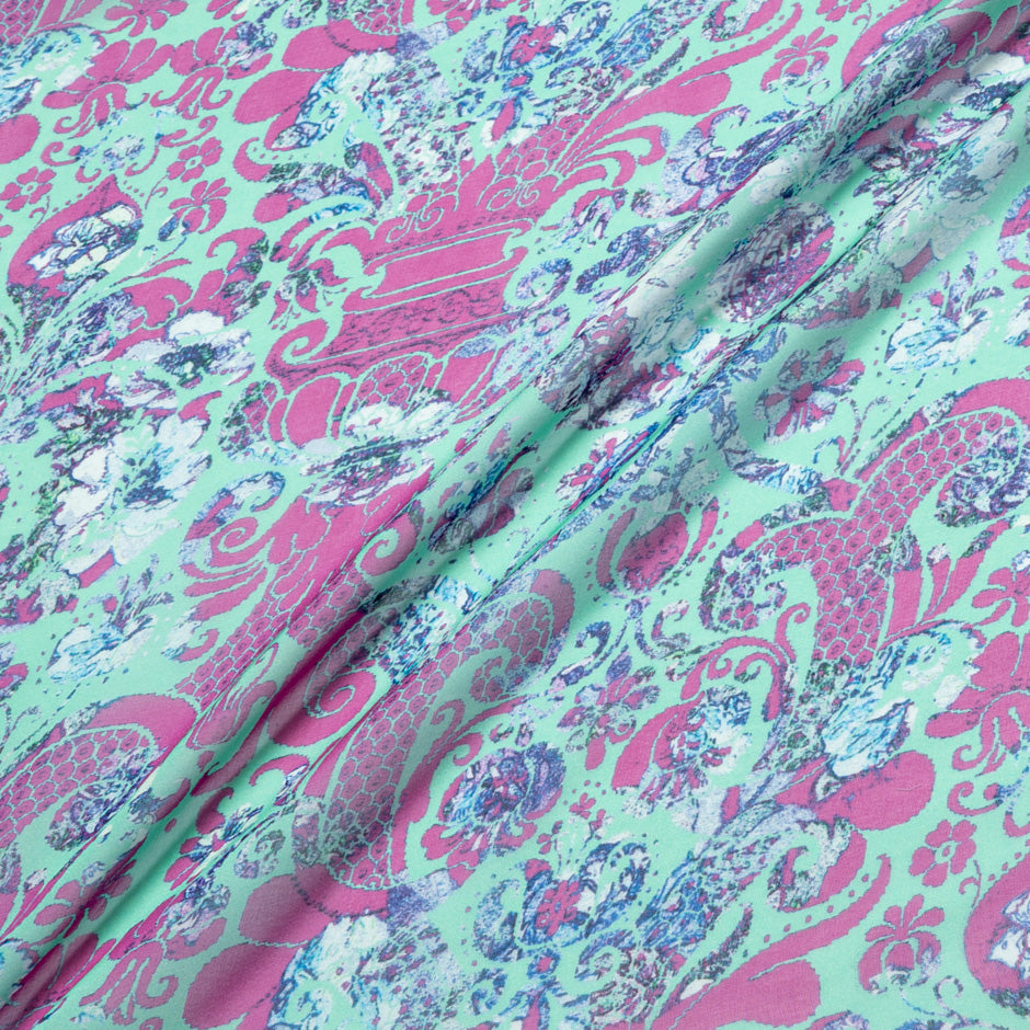 Pink Printed Deep Mint Pure Silk Chiffon