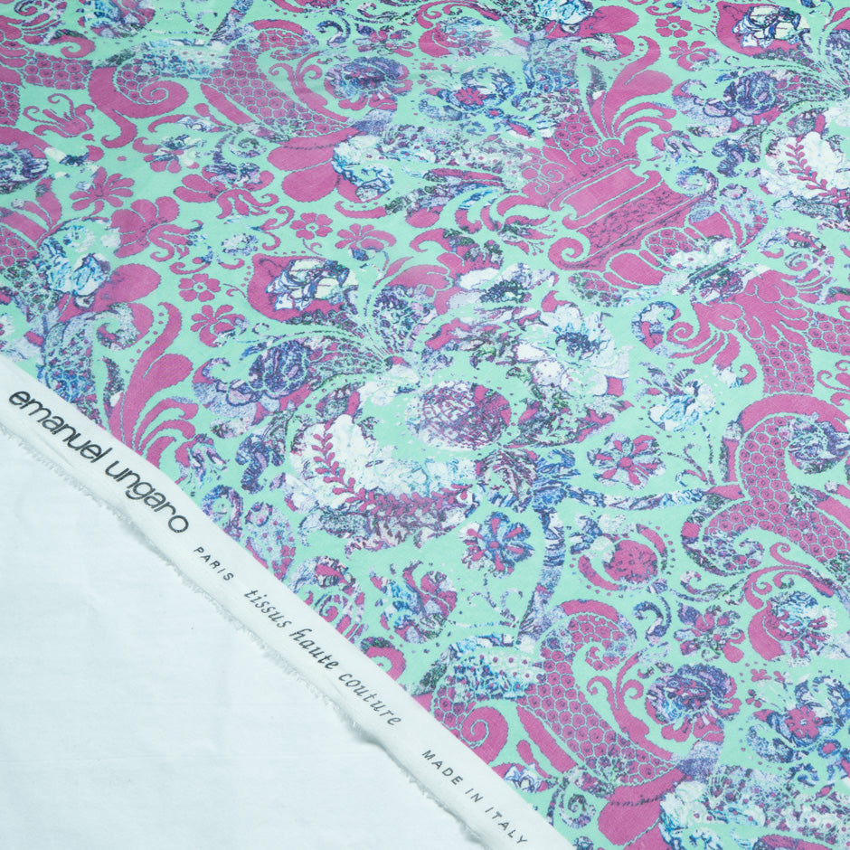 Pink Printed Deep Mint Pure Silk Chiffon