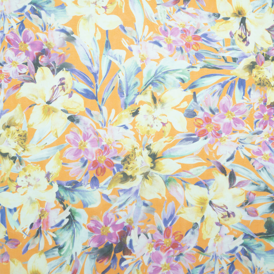 Multi Floral Printed Orange Pure Silk Chiffon