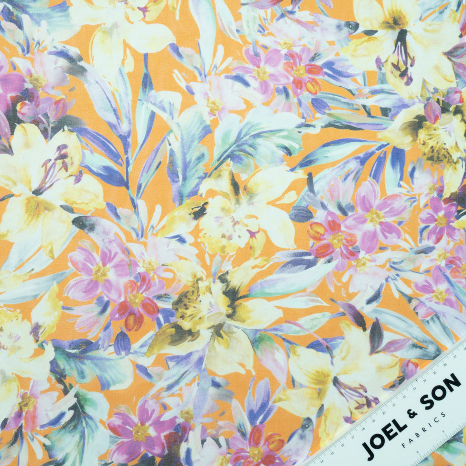 Multi Floral Printed Orange Pure Silk Chiffon