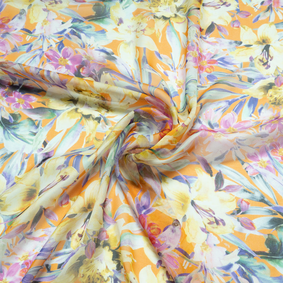 Multi Floral Printed Orange Pure Silk Chiffon