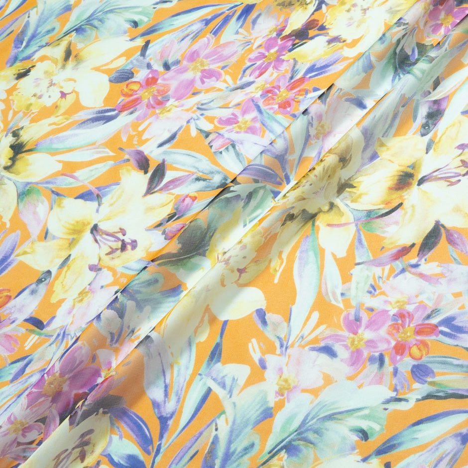 Multi Floral Printed Orange Pure Silk Chiffon