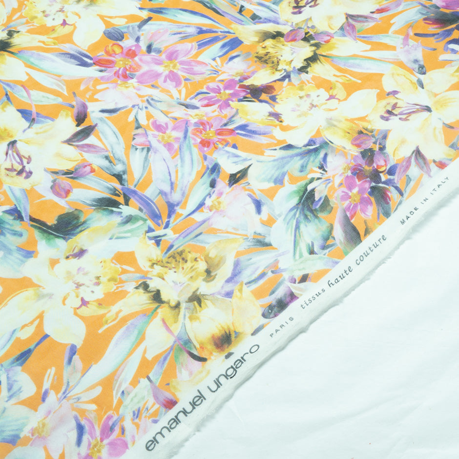 Multi Floral Printed Orange Pure Silk Chiffon