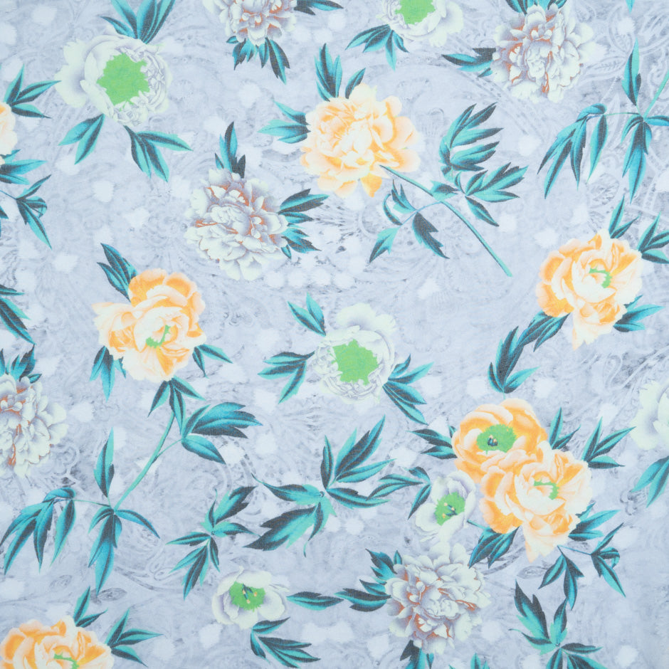 Yellow Floral Printed Blue Pure Silk Chiffon