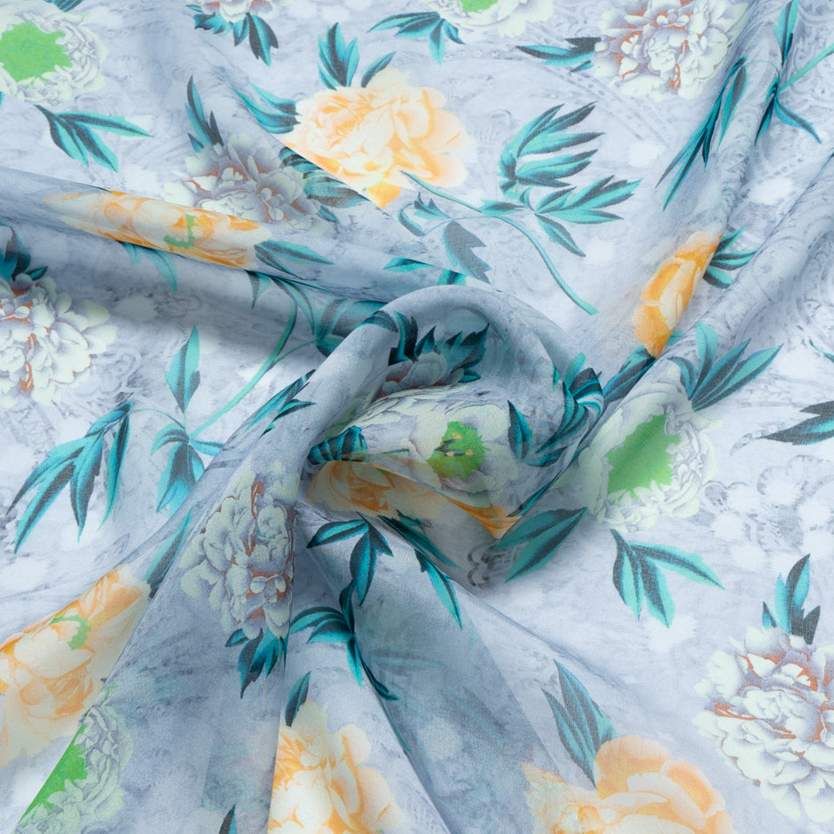 Yellow Floral Printed Blue Pure Silk Chiffon