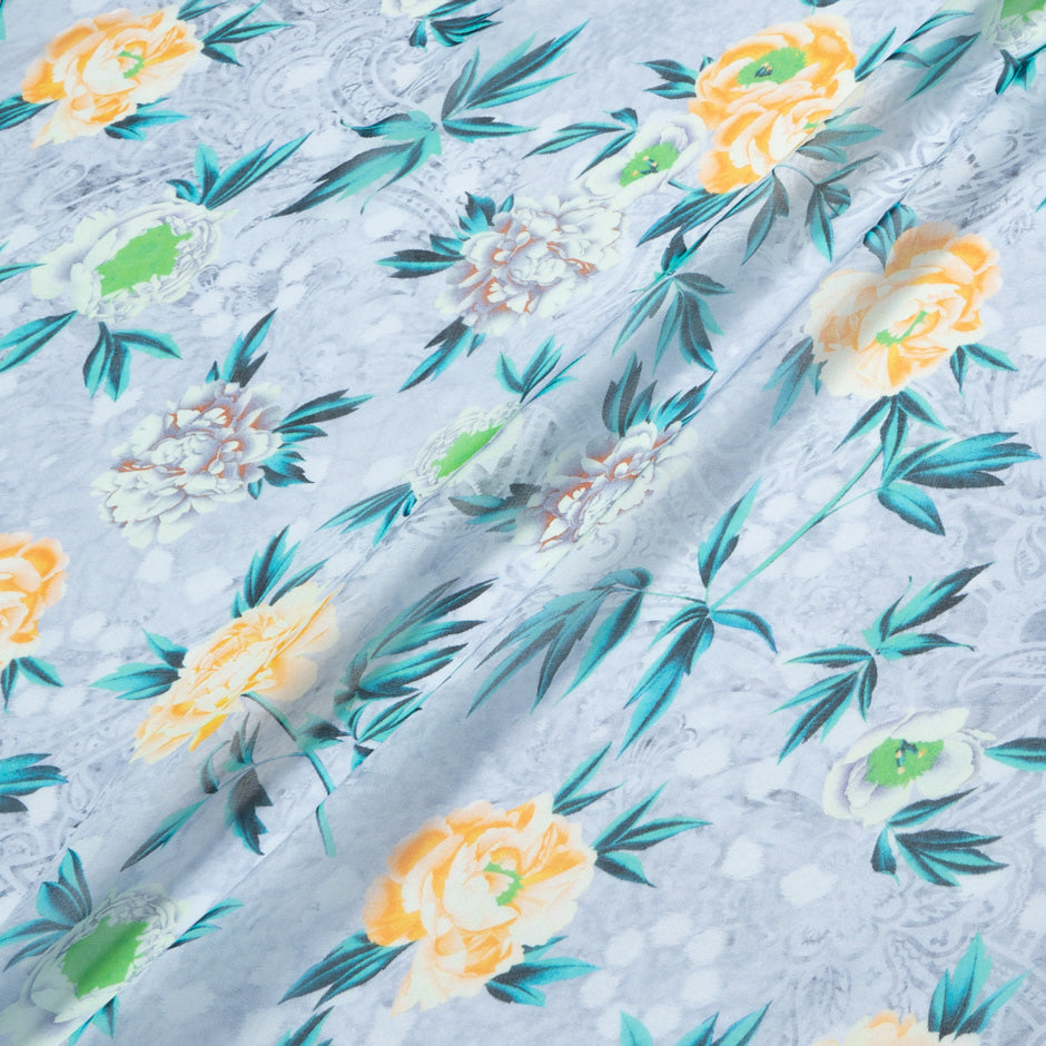 Yellow Floral Printed Blue Pure Silk Chiffon