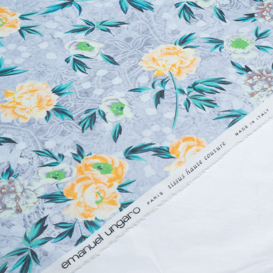 Yellow Floral Printed Blue Pure Silk Chiffon
