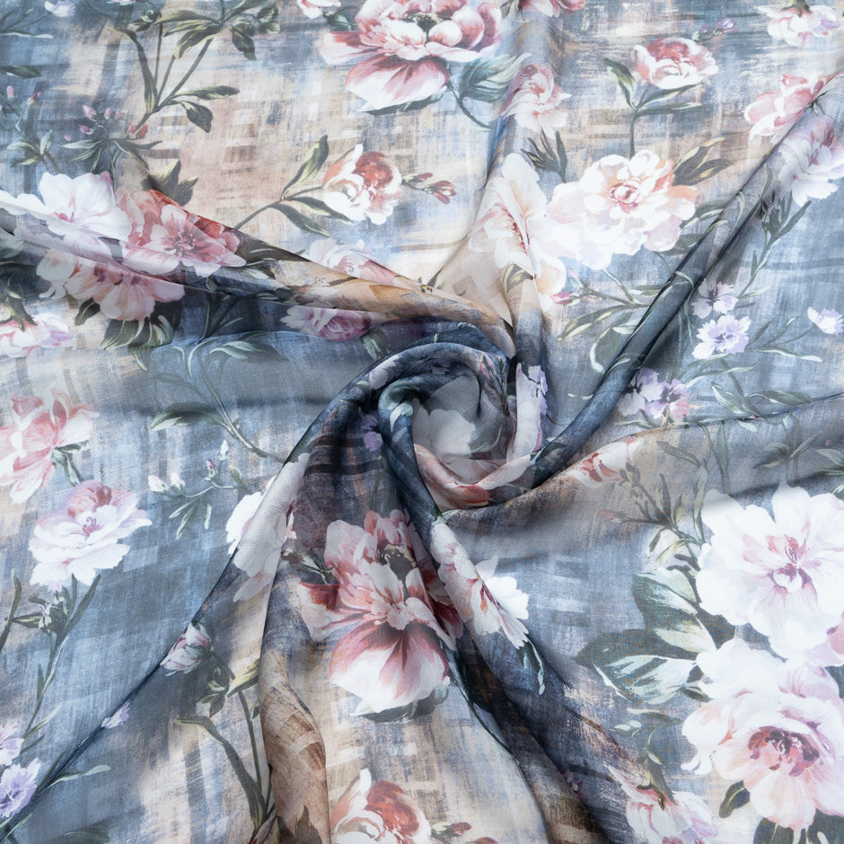 Antique Rose Blue Printed Pure Silk Chiffon
