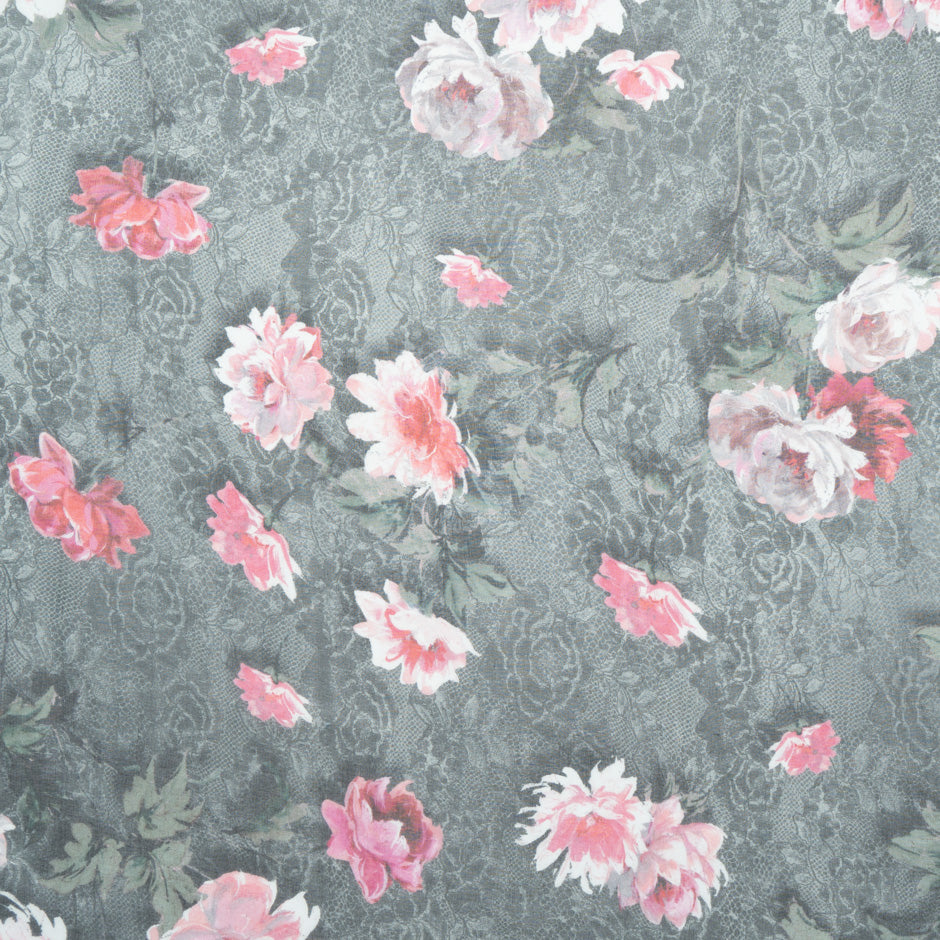 Pink Rose Grey Lace Printed Pure Silk Chiffon