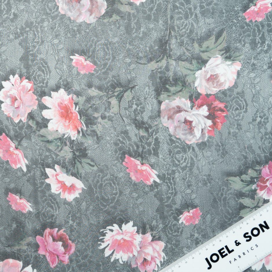 Pink Rose Grey Lace Printed Pure Silk Chiffon