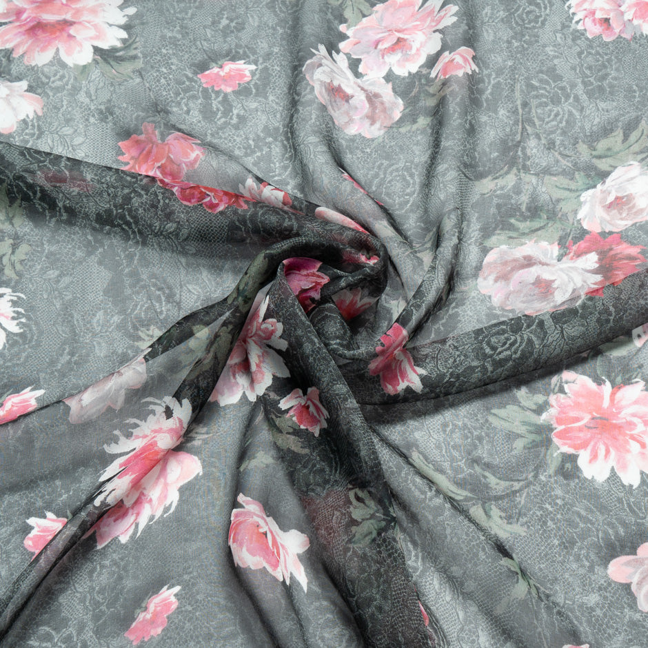 Pink Rose Grey Lace Printed Pure Silk Chiffon