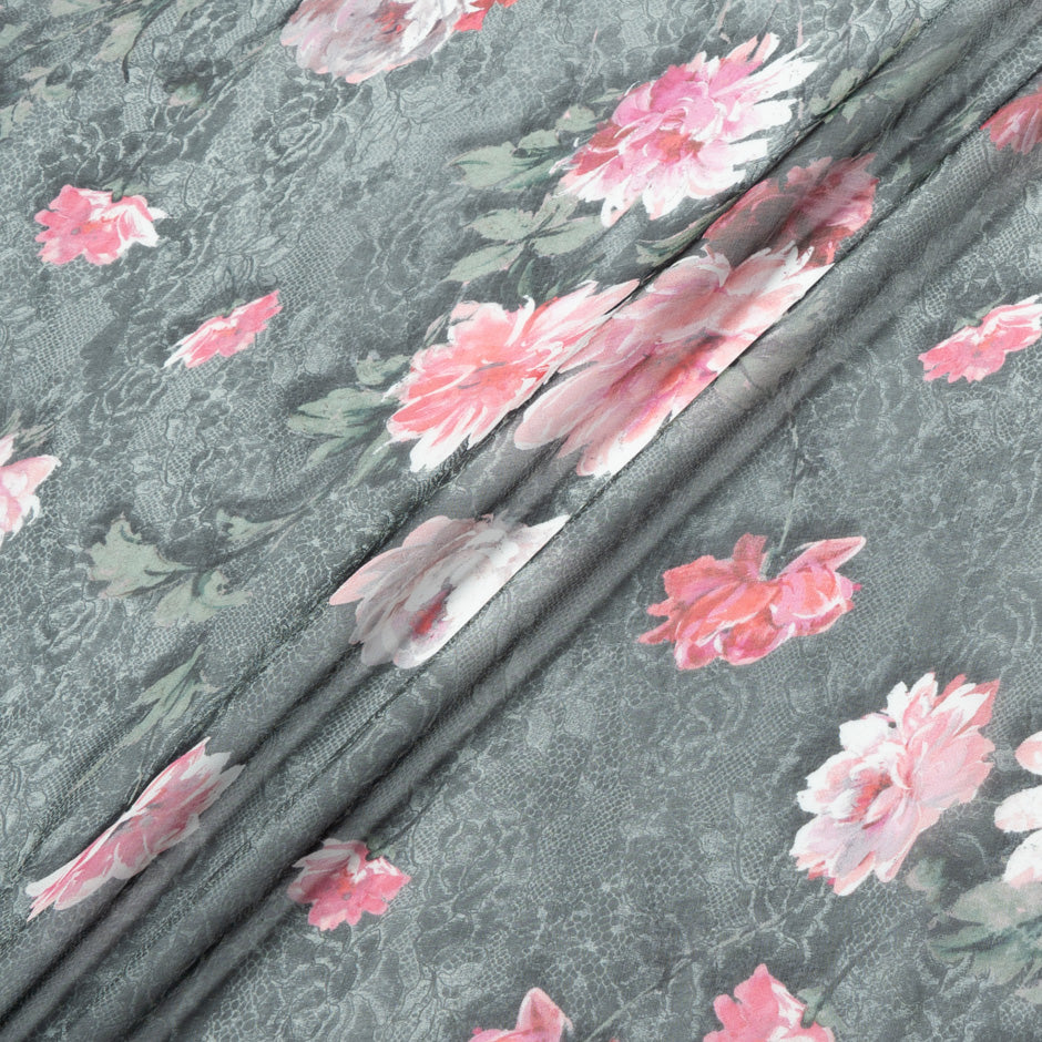 Pink Rose Grey Lace Printed Pure Silk Chiffon