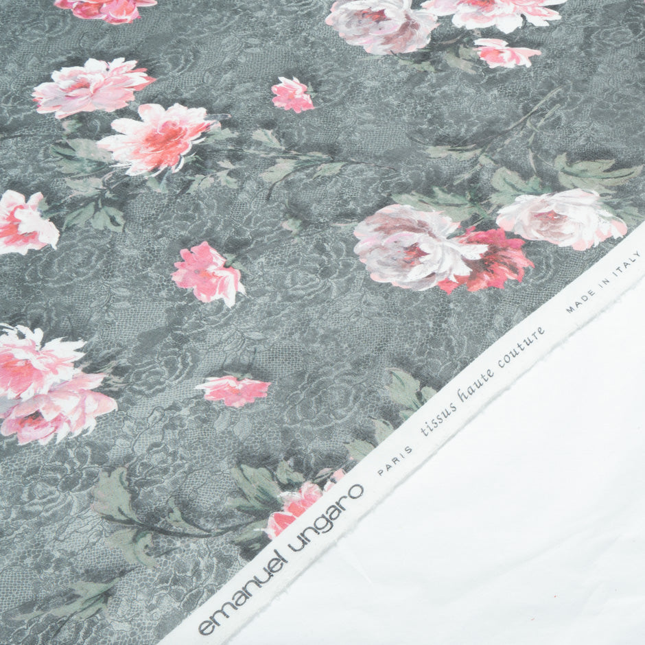Pink Rose Grey Lace Printed Pure Silk Chiffon