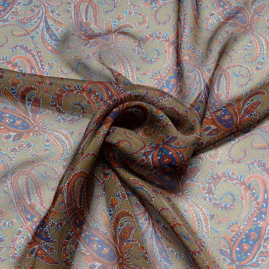 Brown Paisley Printed Pure Silk Chiffon