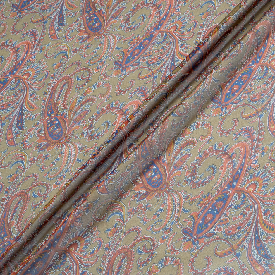 Brown Paisley Printed Pure Silk Chiffon