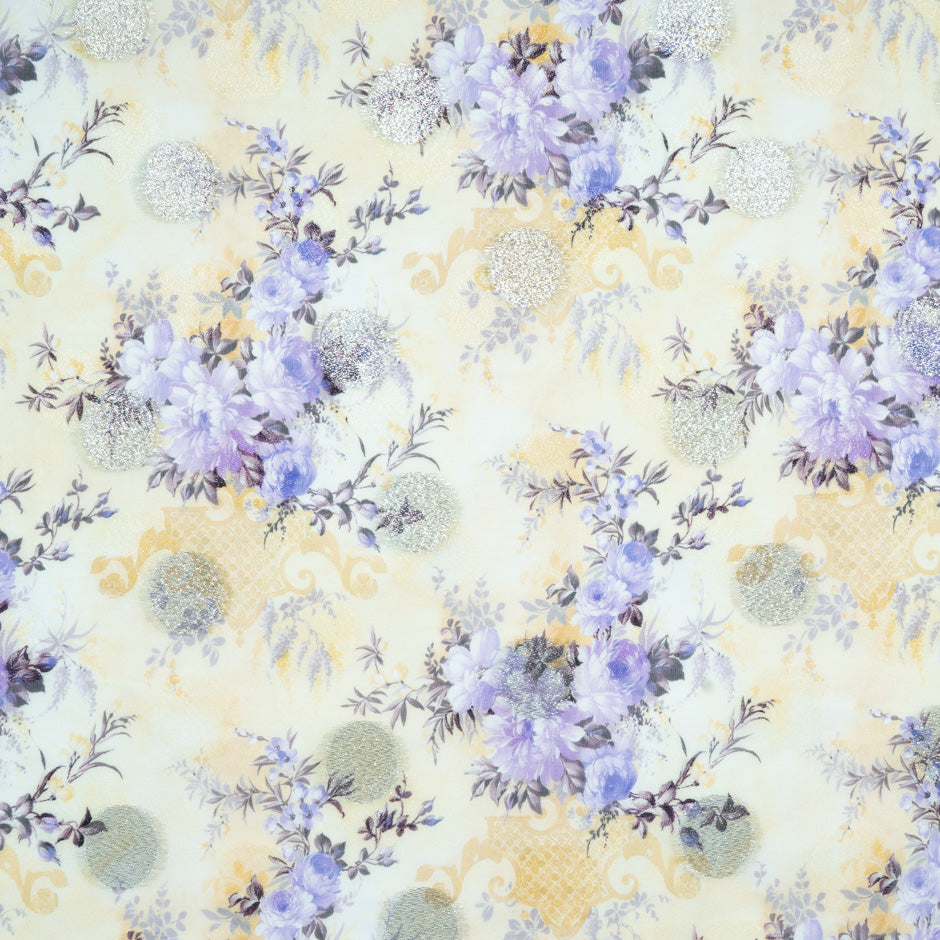 Lavender Floral Printed Yellow Silk Metallic Jacquard