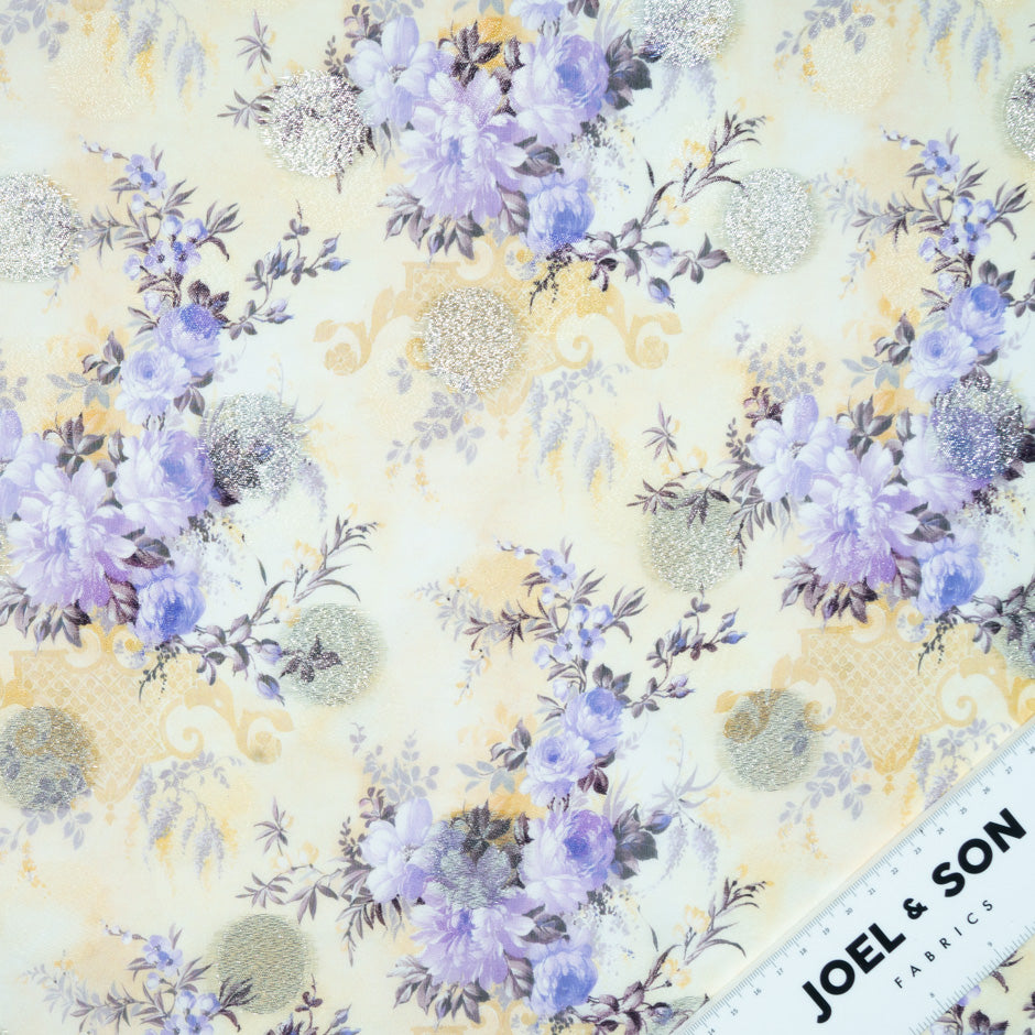 Lavender Floral Printed Yellow Silk Metallic Jacquard