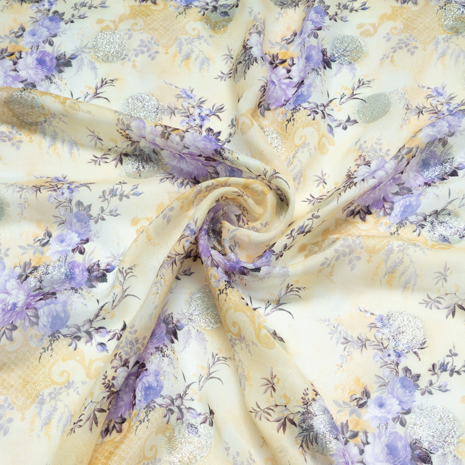 Lavender Floral Printed Yellow Silk Metallic Jacquard