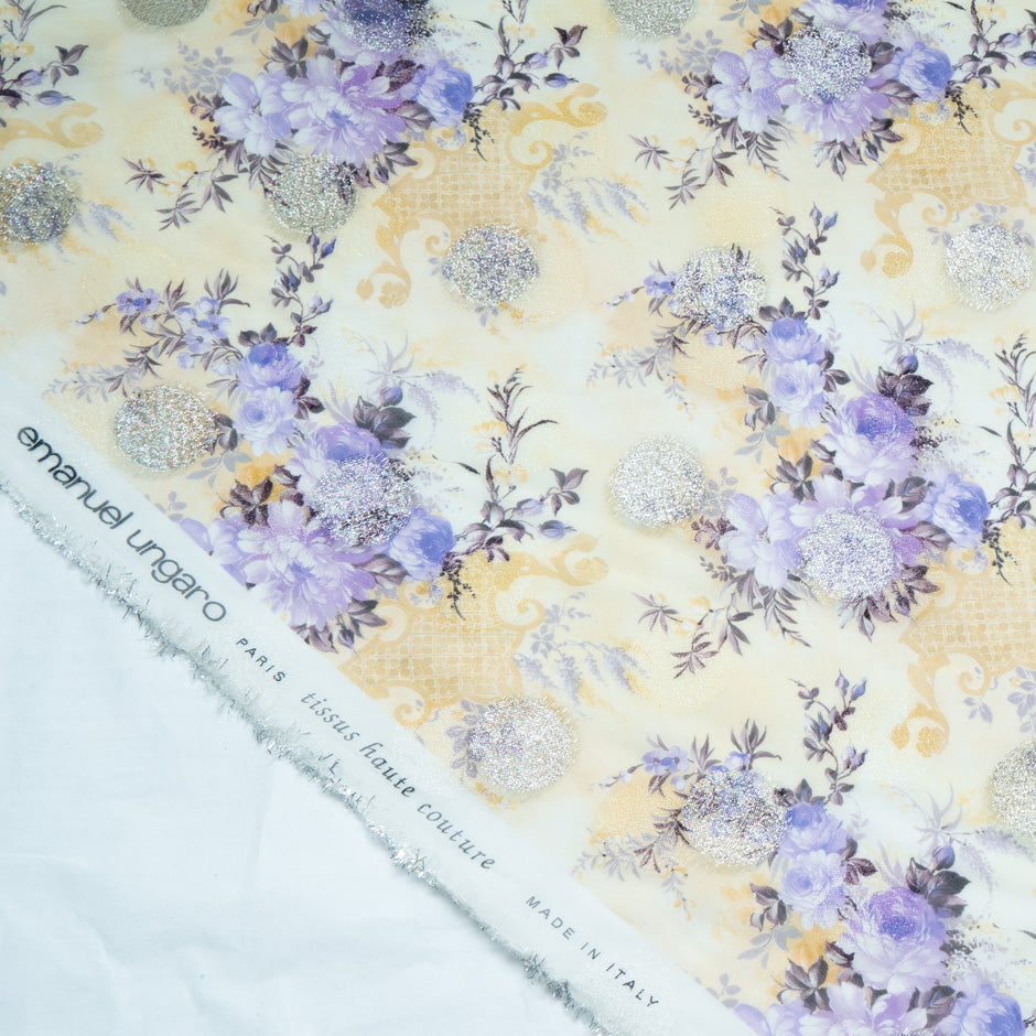 Lavender Floral Printed Yellow Silk Metallic Jacquard