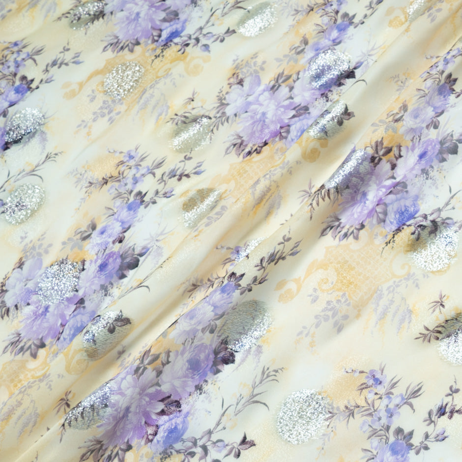 Lavender Floral Printed Yellow Silk Metallic Jacquard