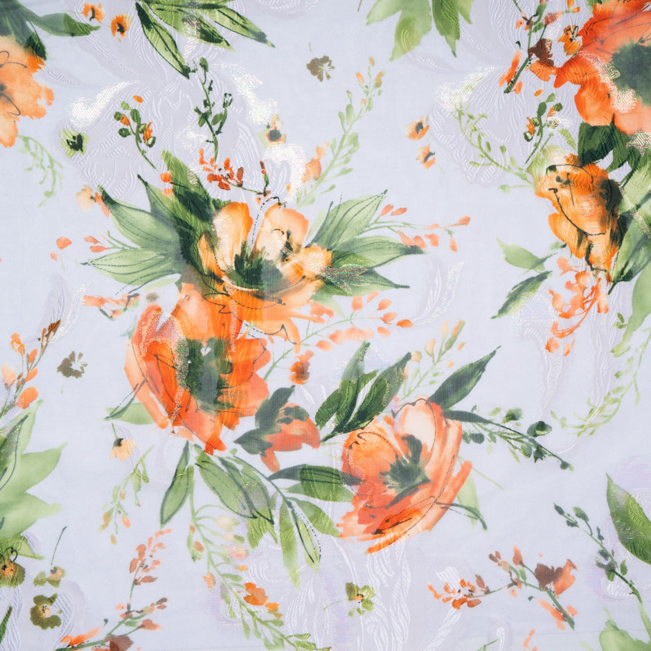 Orange Poppy Printed Lilac Silk Metallic Jacquard