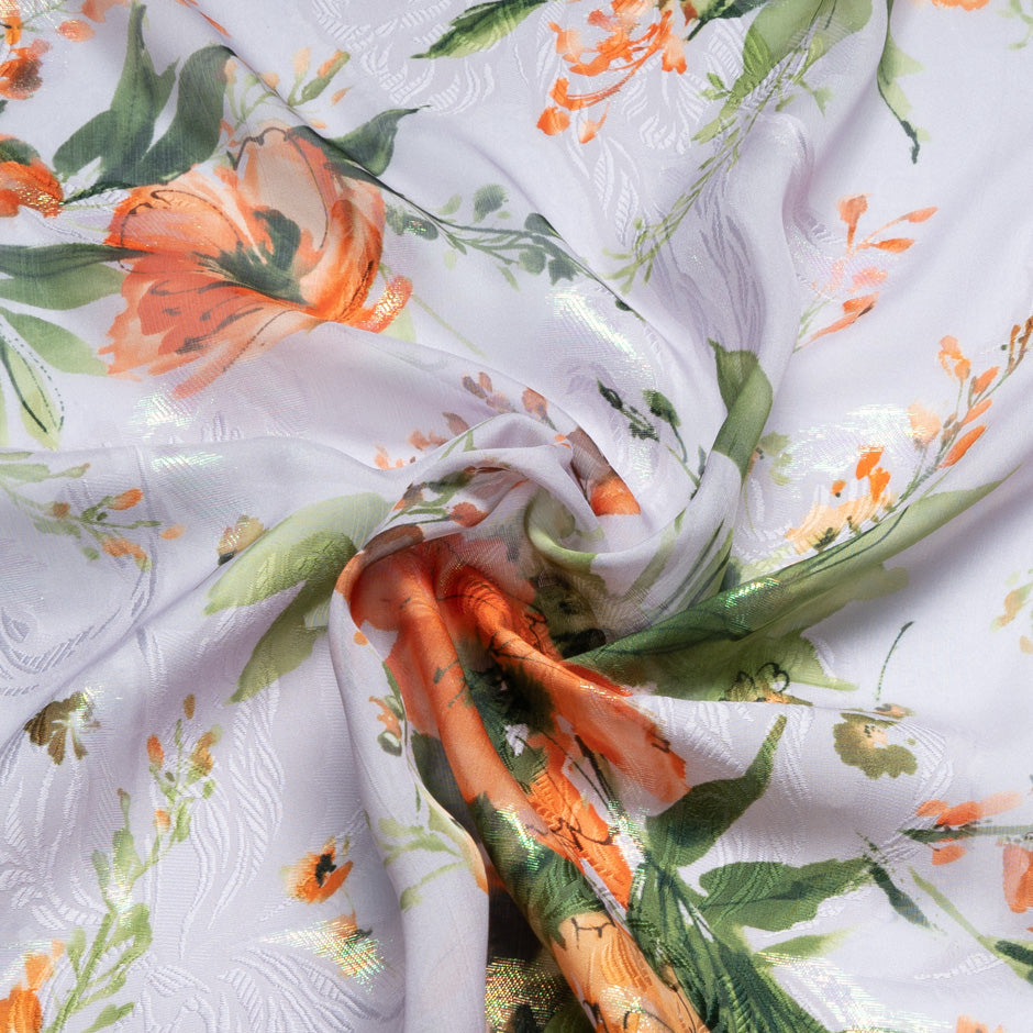 Orange Poppy Printed Lilac Silk Metallic Jacquard