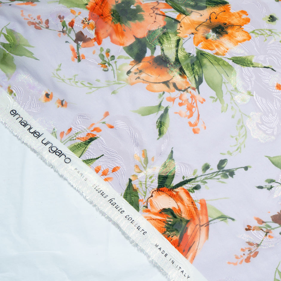Orange Poppy Printed Lilac Silk Metallic Jacquard