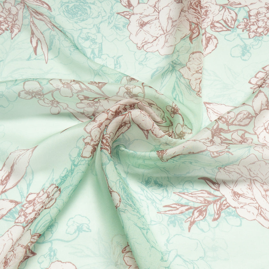Floral Printed Pale Mint Green Silk Chiffon