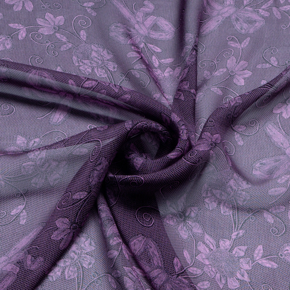 Purple & Black Floral Printed Silk Chiffon