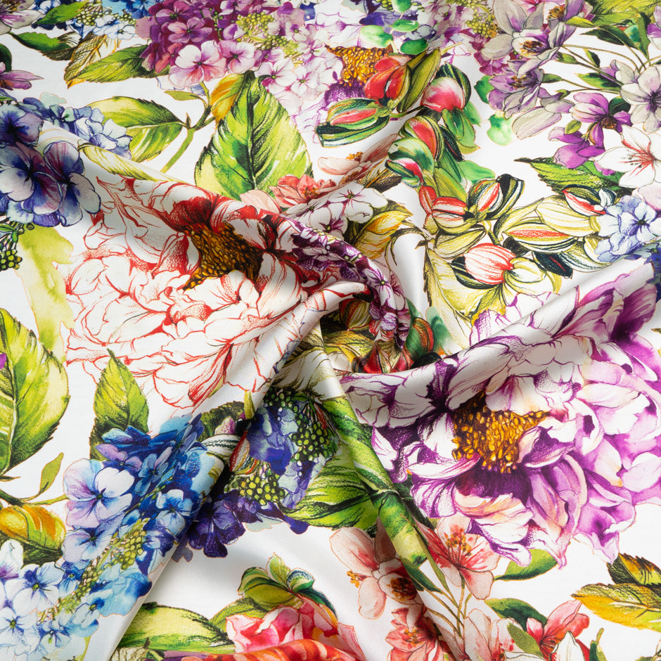 Bold Floral Printed White Silk Satin