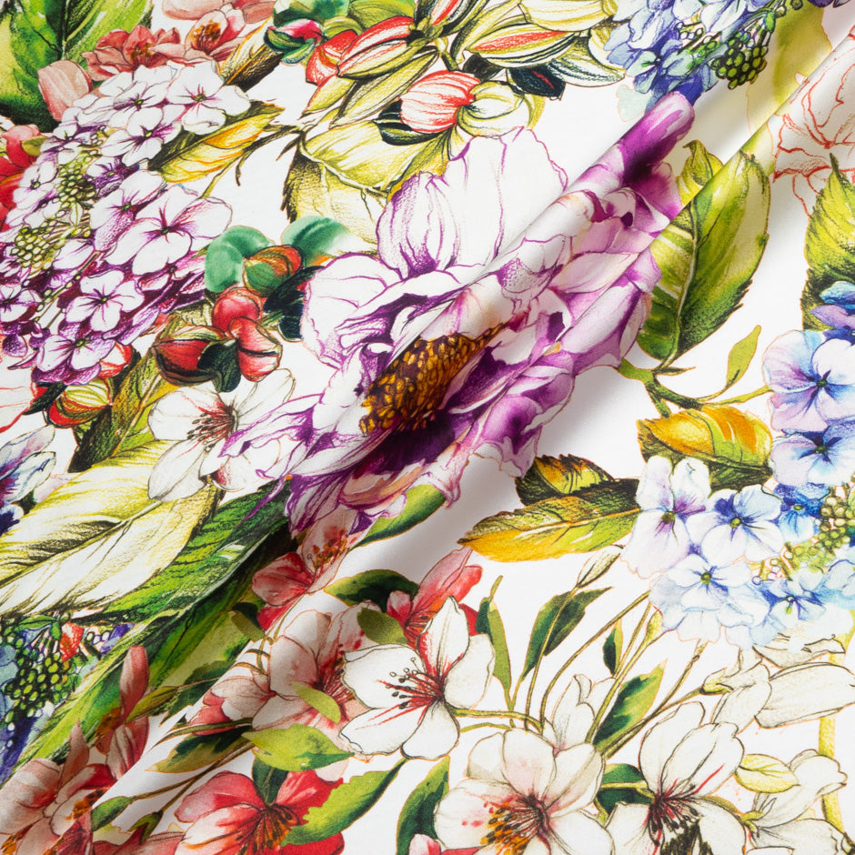Bold Floral Printed White Silk Satin