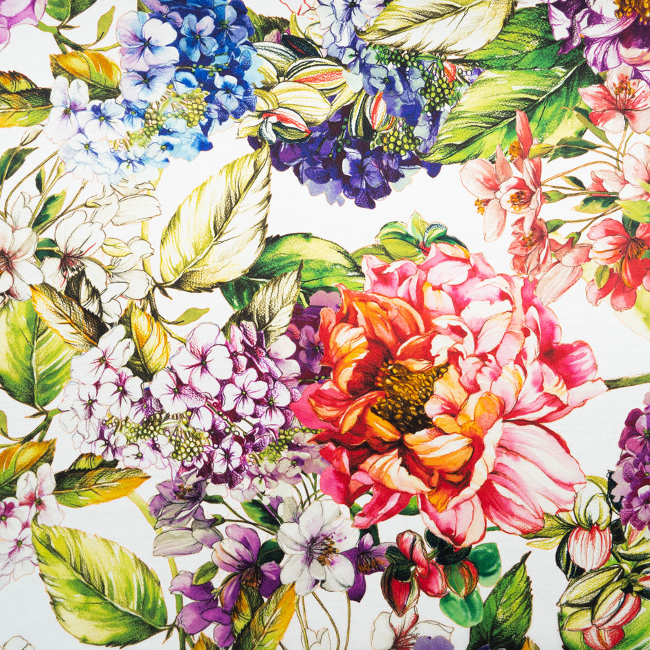 Busy Floral Printed White Silk Twill