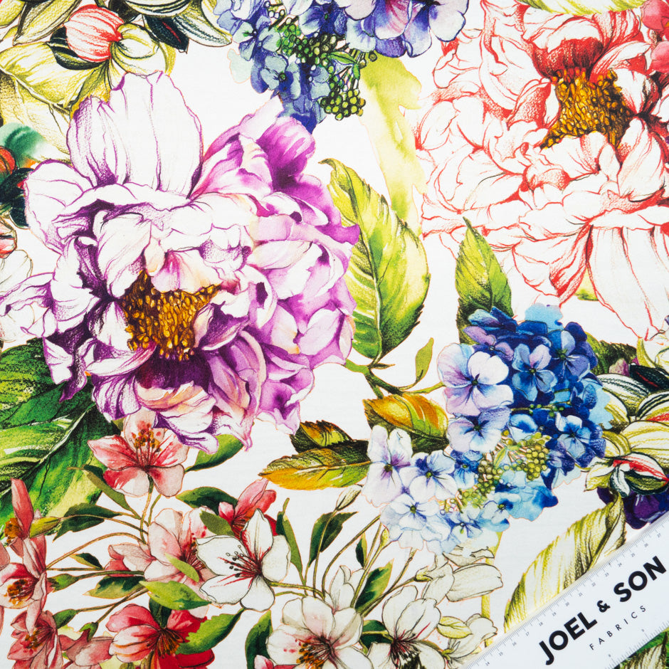 Busy Floral Printed White Silk Twill