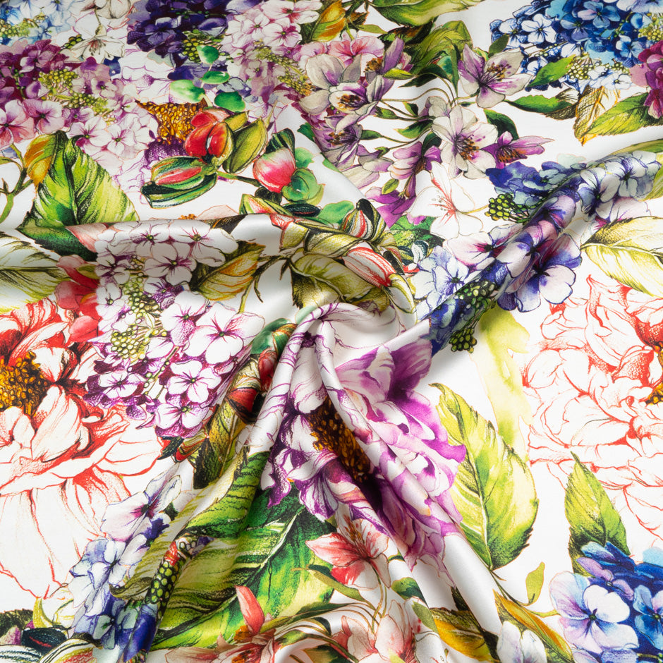Busy Floral Printed White Silk Twill