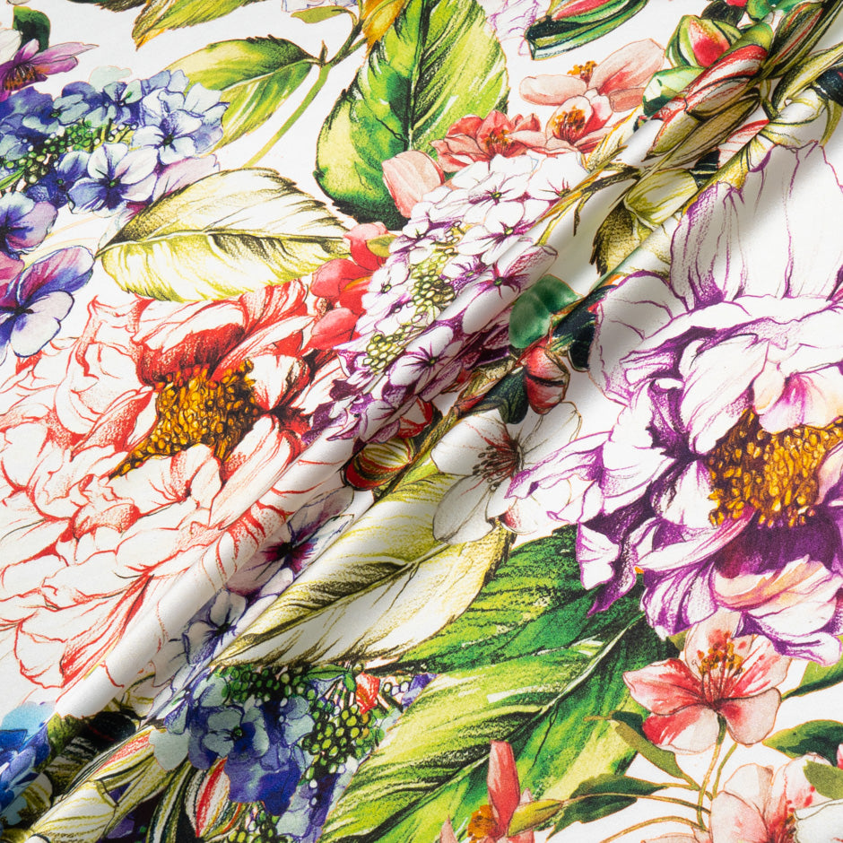 Busy Floral Printed White Silk Twill