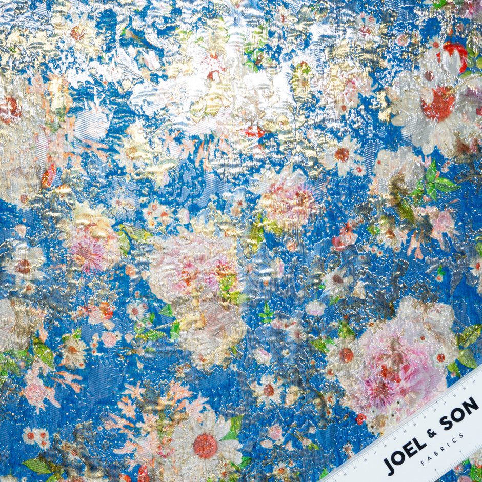 Multi Floral Blue Silk Metallic Jacquard