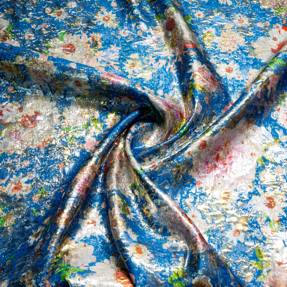 Multi Floral Blue Silk Metallic Jacquard