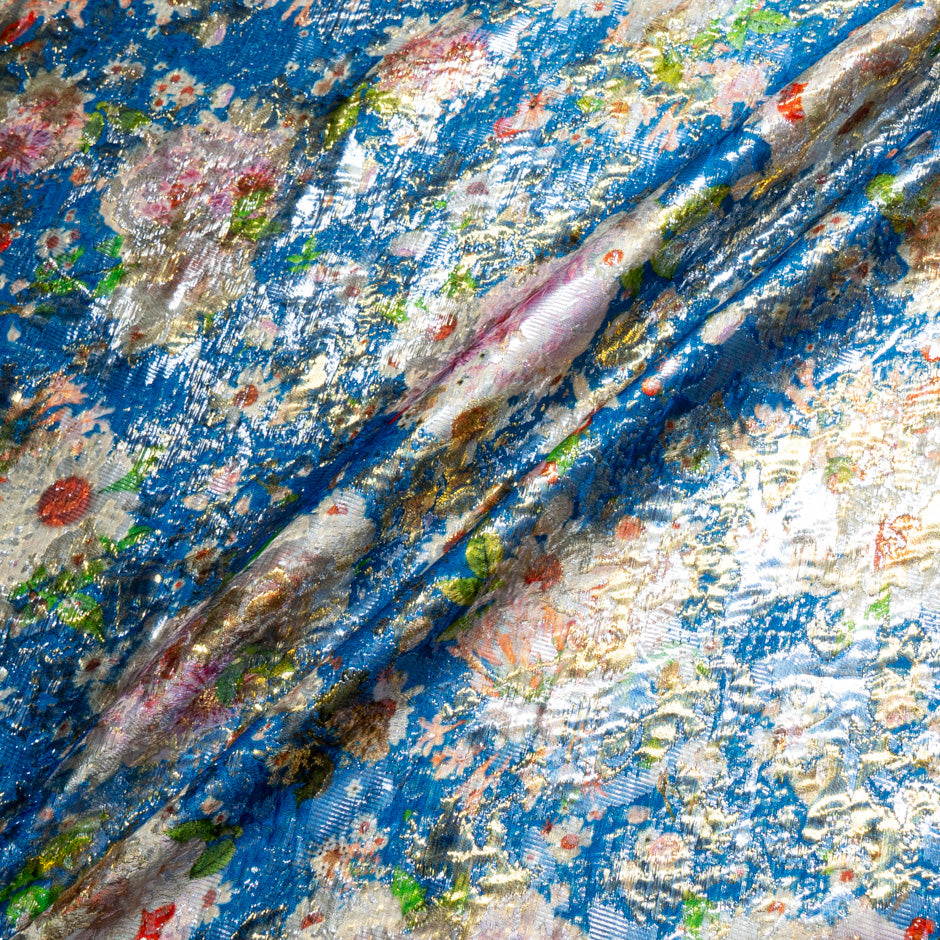Multi Floral Blue Silk Metallic Jacquard