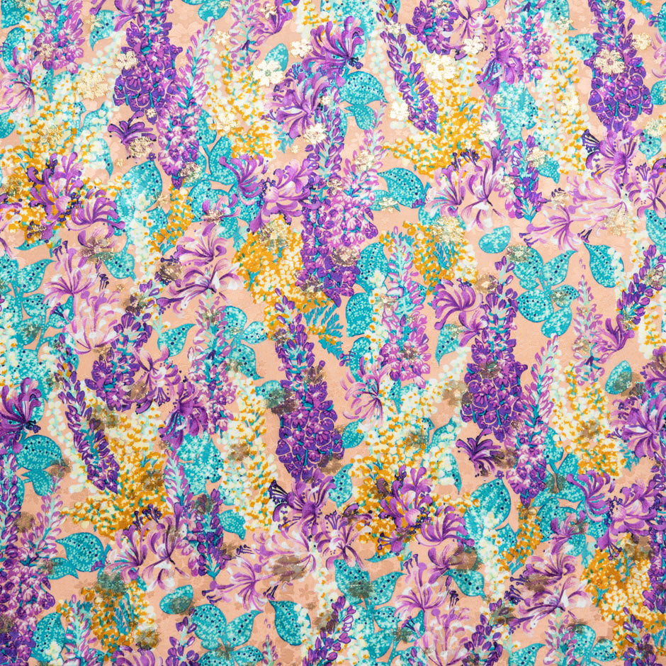 Purple, Pink & Blue Floral Silk Metallic Jacquard