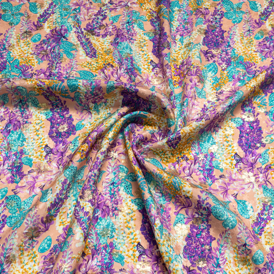 Purple, Pink & Blue Floral Silk Metallic Jacquard