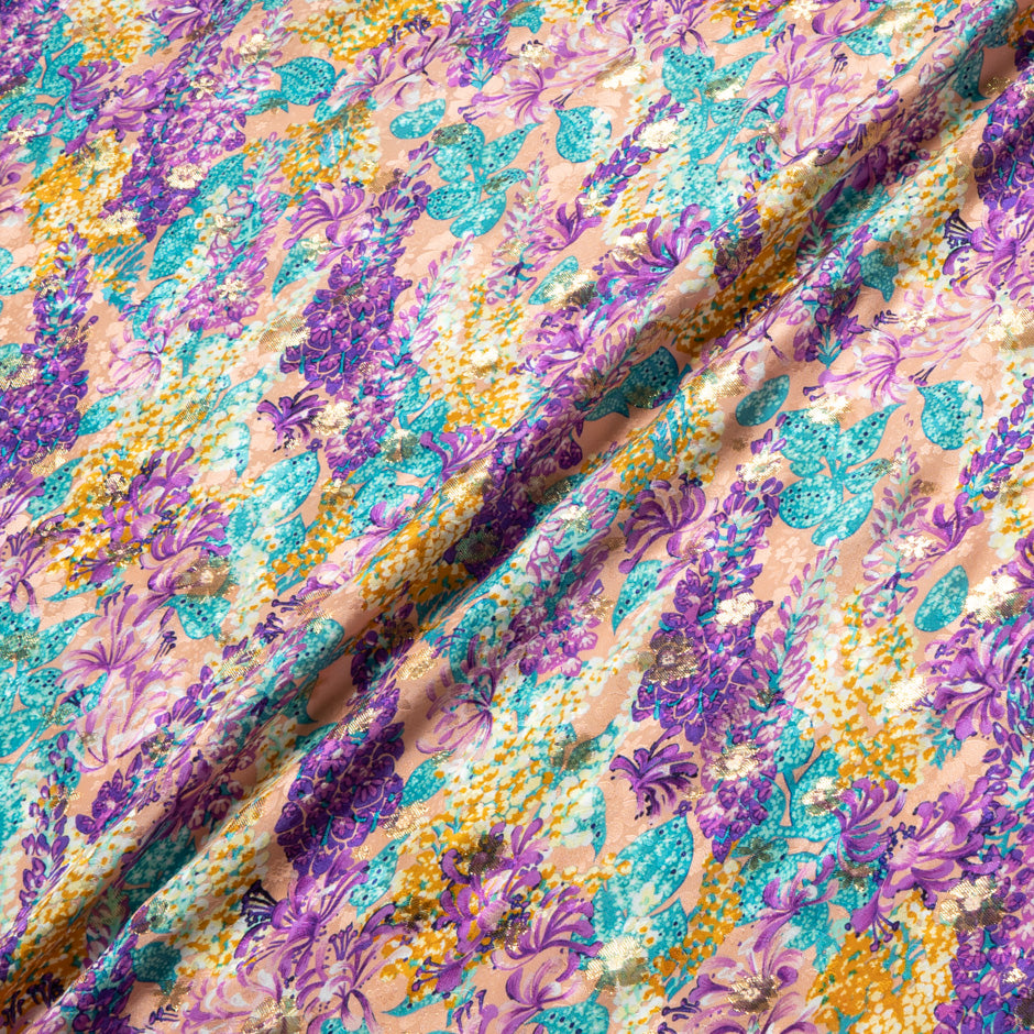 Purple, Pink & Blue Floral Silk Metallic Jacquard