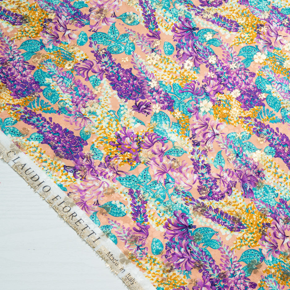 Purple, Pink & Blue Floral Silk Metallic Jacquard