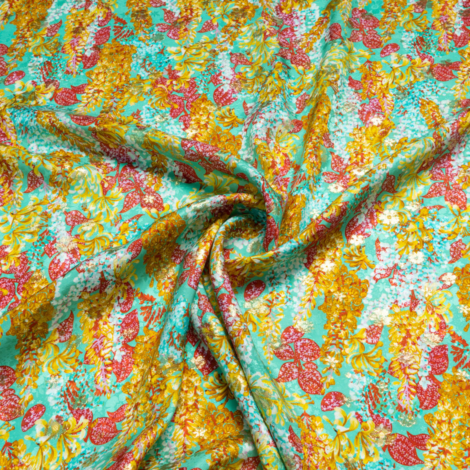 Deep Yellow & Red Floral Mint Silk Metallic Jacquard